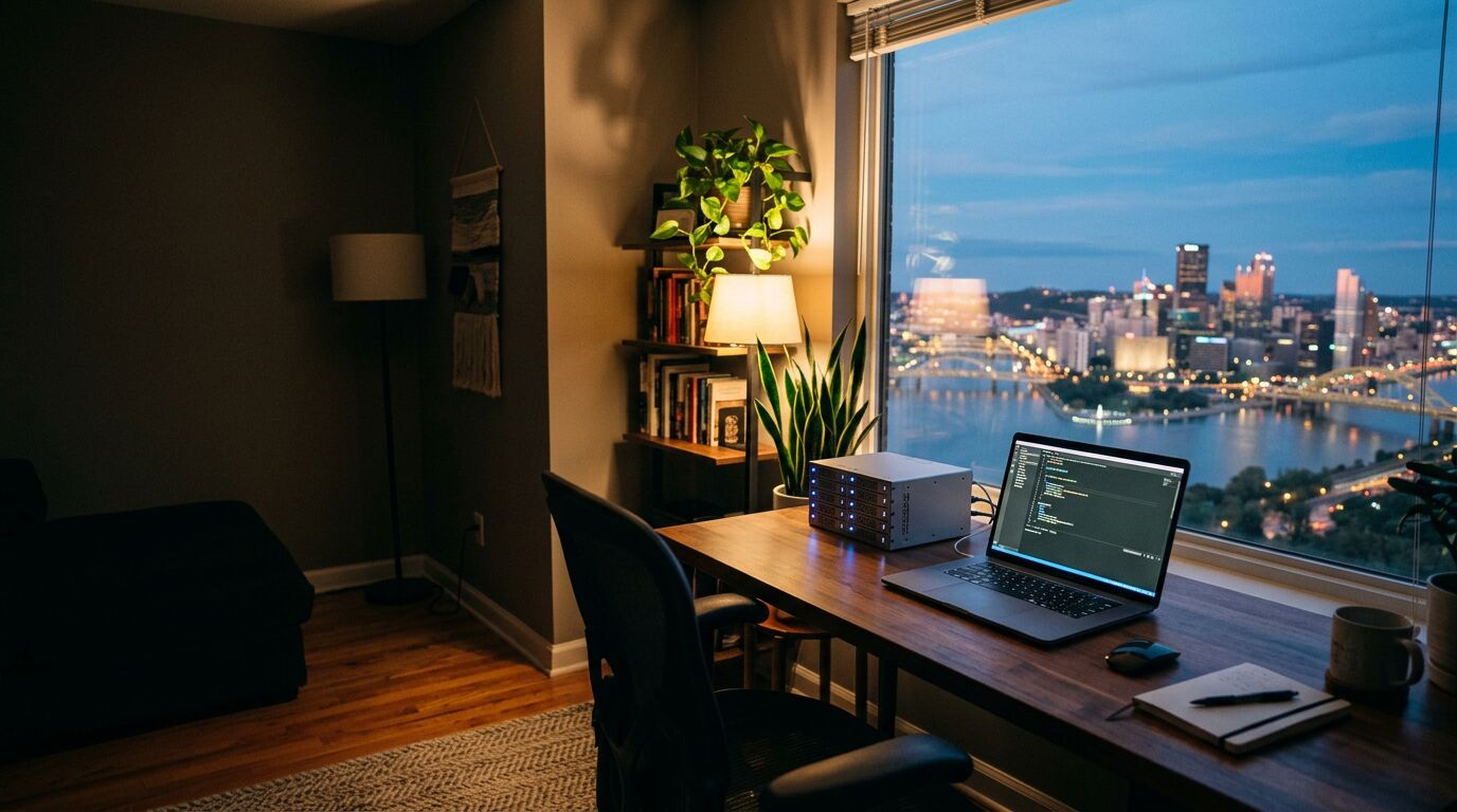 A home office with a laptop and a small server, the Pittsburgh skyline at dusk outside the window